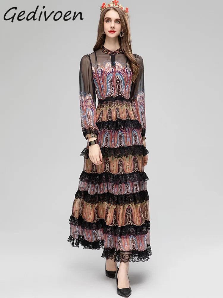 

Gedivoen Summer Fashion Designer Vintage Peint Mesh Dress Women's Stand Collar Lace Ruffles Spliced High Waist Slim Long Dresses