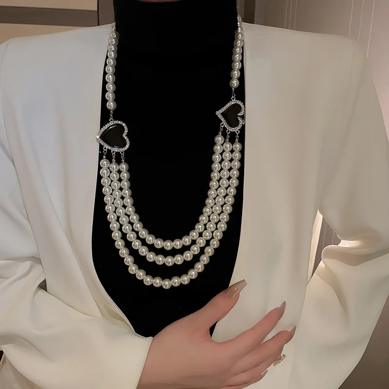 

Minar Temperament Black Enamel Rhinestones Love Heart Three Layered Faux Pearl Beaded Long Sweater Chain Women's Casual Jewelry