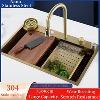 Gold 304 Stainless Steel kitchen Waterfall Sink,Vegetable Washing Basin,Large Single Slot,Middle And Lower Basin,Thickened 1