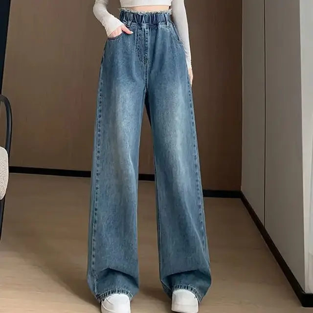 Large Size Denim Trousers Women Trailing Straight Wide Leg Loose High Waisted Slim Lace Tassel Higher Pants 2