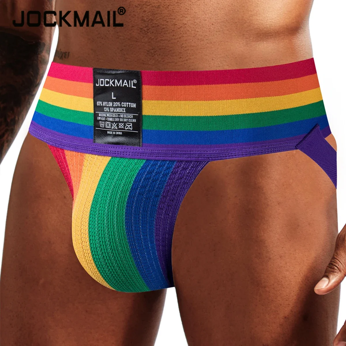 

JOCKMAIL Sexy Gay Underwear Mens Rainbow Jockstrap G String Thongs Homme Tanga Cockring Cuecas Masculinas Low Waist Mesh Briefs