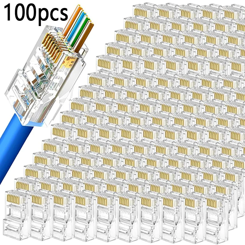 100 Uds RJ45 Cat6 conectores blindados cabeza de cristal perforada conector chapado en oro red 8P8C engarzado UTP Ethernet enchufe Modular