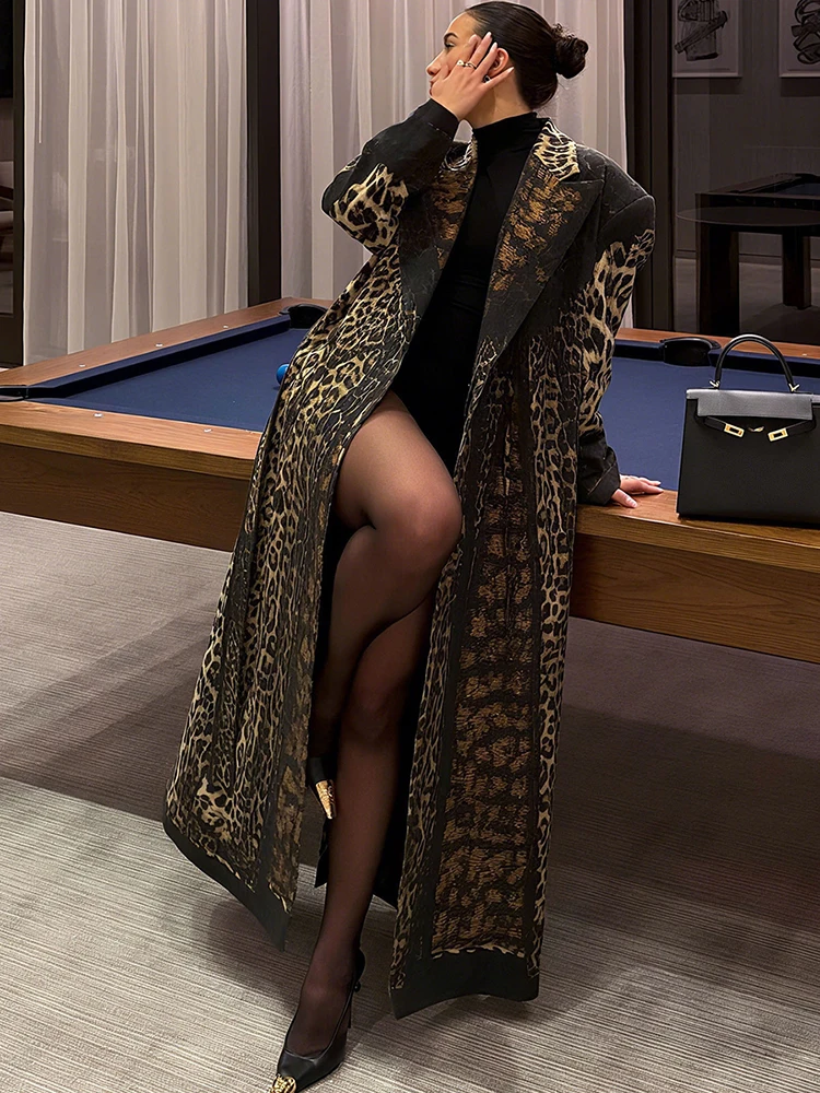 Nibber Lapel Trench Coat Woman Leopard Print High Waist Autumn Trend Bandage Cardigan Full Sleeve Street Fashion Style Clothing