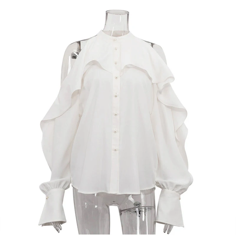 Elegant White Ruffle Halter Shirts Women Vintage Loose Hollow Out Single Breasted Blouses Female Autumn Chic High Street Tops