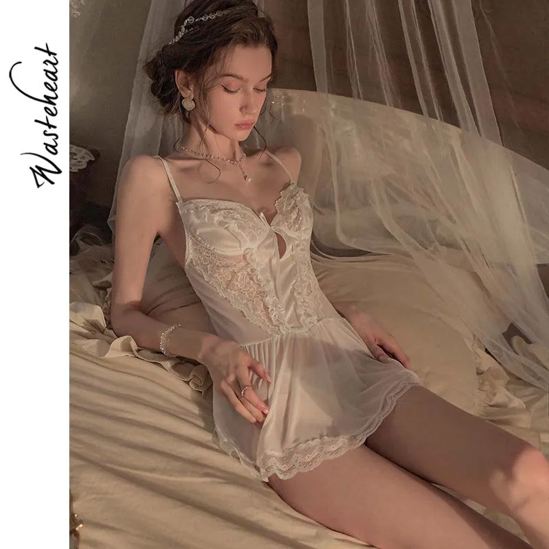 

Wasteheart Women Black White Sexy Sleepwear Lingerie Spaghetti Strap Nightwear Homewear Nightgown Female Gown Lace Nightdress