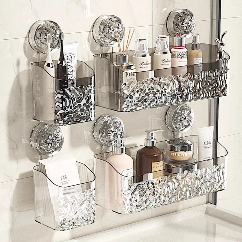 Bathroom Shelf Wall Mounted Non Perforated Suction Cup Storage Basket With Glacier Pattern For Home Storage Products 3