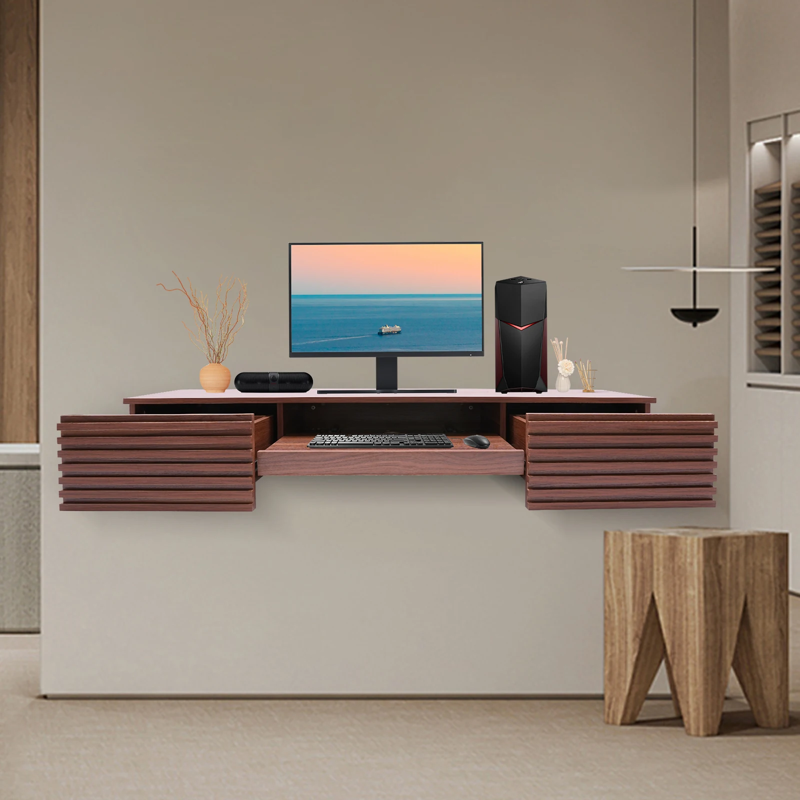 Floating Desk with Pull Out Drawer, Wall Mounted Laptop Computer Write Study Table Multifunctional Workstation Office Organizer 6