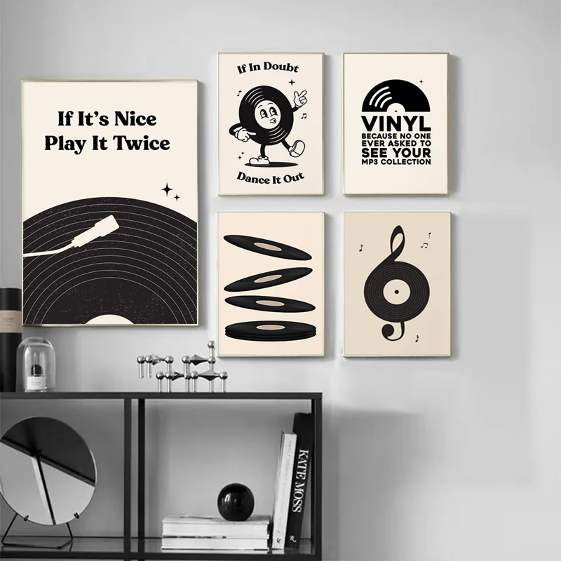 Cartoon Abstract Semplice Musica in bianco e nero Disco in vinile Poster Stampe su tela Immagini d'arte Camera Decorazione della parete di casa Regalo - immagine 2