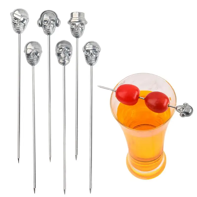 Cocktail Skewers 6pcs Cocktail Picks Skull Cocktail Picks Martini Stainless Steel Reusable Olive Garnish Skewer Silver Fruit