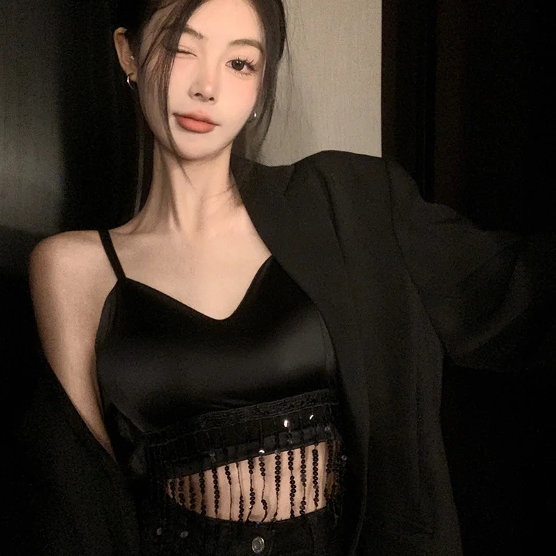여성용 탱크 탑 캐미솔 슬림 섹시 노출 배꼽, 가슴 패드, 카미스 단색