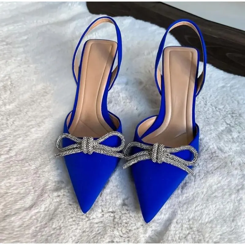 New Women Sandals Pointed Toe Butterfly Knot Crystal  Female Pumps Flock Thin High Heels Sexy Plus Size Ladies Fashion Shoes