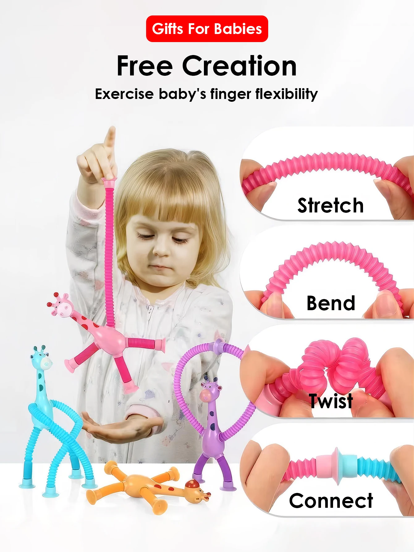 4 pieces/set Fun Stretching Giraffe Suction Cup Hand Toys Sensory Bellows Toys Pressure Compression Puzzle Learning suction cup hand toys