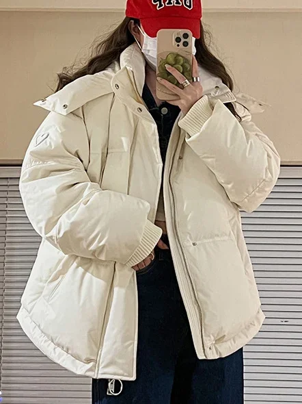 

White School Quilted Coat for Women 2023 Winter Thicken Warm Padded Jacket with Hood Korean Style Women's Down Cotton Parkas