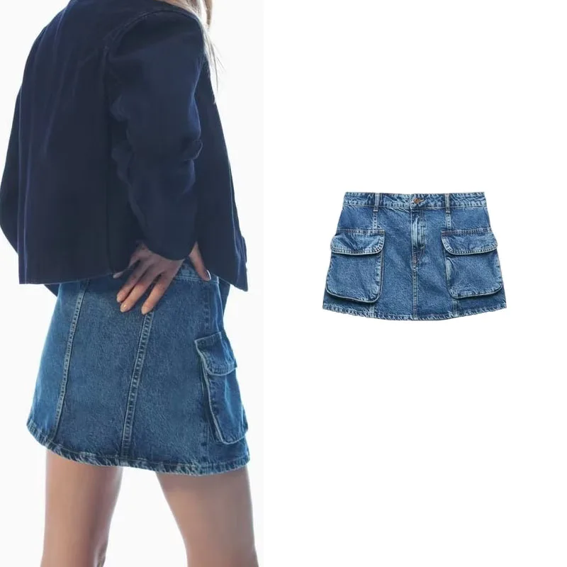 

Women's Spring and Summer New Washing Effect High Waist Slim Pocket Decoration A-line Skirt Retro Tooling Mini Denim Skirt