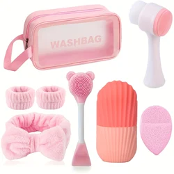 8 - Piece Two - Tone Pink & White Silicone Skincare Spa Set with Ice Roller & Cold Compress Mask (8PCS - pink)