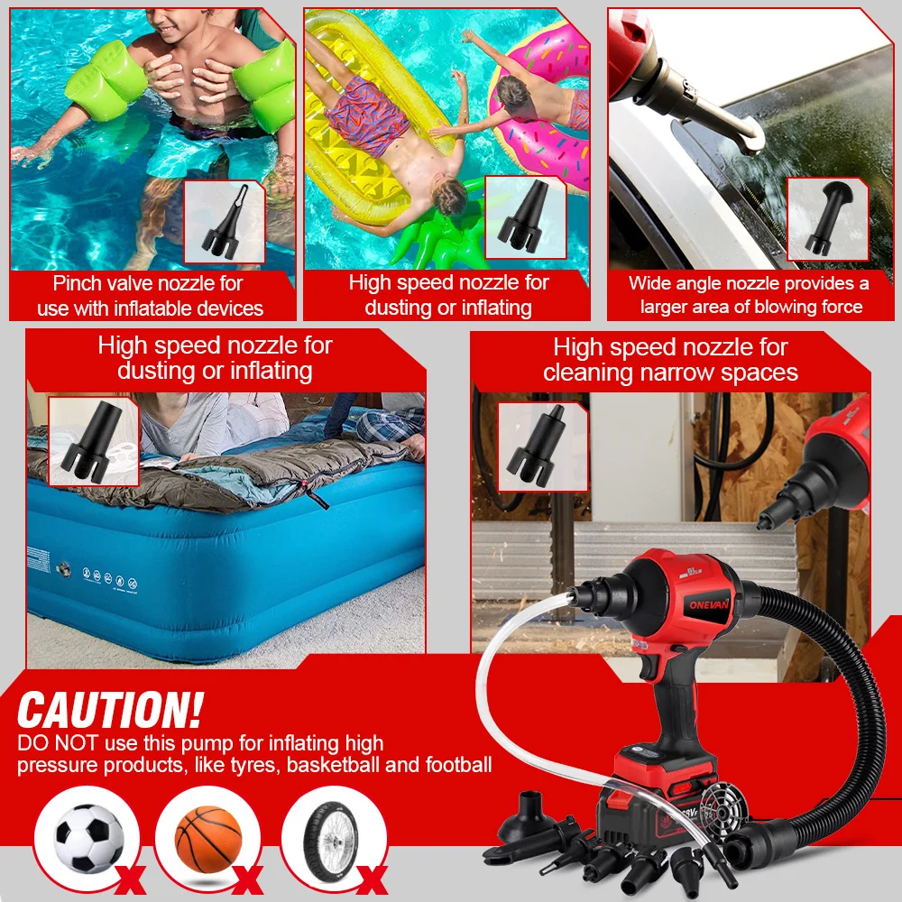 ONEVAN 브러시리스 블로워 1500W 다기능 인플레이터 진공 무선 먼지 블로워 먼지 청소 도구 마키타 18V 배터리 핀용