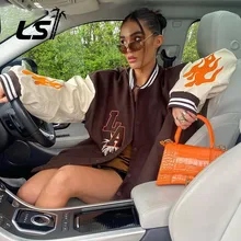 

European and American letters flame embroidery stitching oversized jacket female Y2K Harajuku trend couple tops baseball uniform