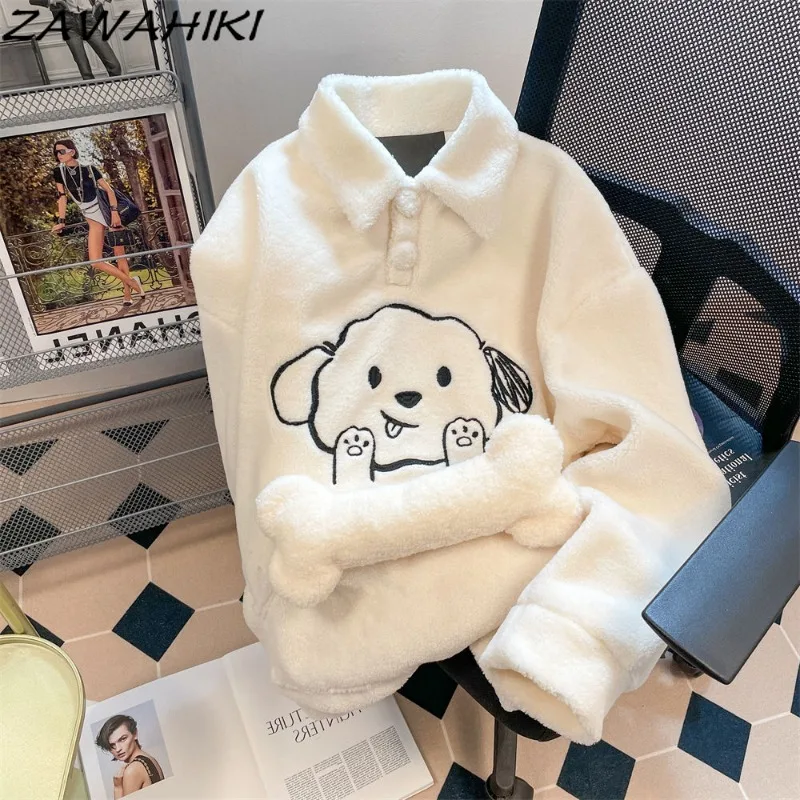 

ZAWAHIKI Sweatshirt Solid Color Cartoon Embroidery Polo Japanese Sweet Fall Winter Loose All Match Casual Chic Streetwear Women