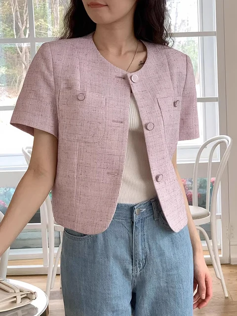 세련된 Sweettweed 스타일 라운드 넥 자켓: 여름 스타일의 정수