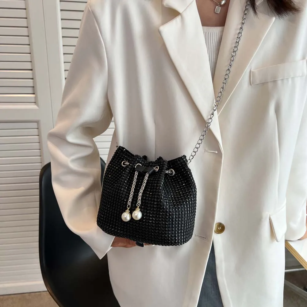 Fashion Evening Bag for Women Shiny Crossbody Bag Bling Rhinestone Bucket Shoulder Messenger Bags Ladies Glitter Handbag Purse