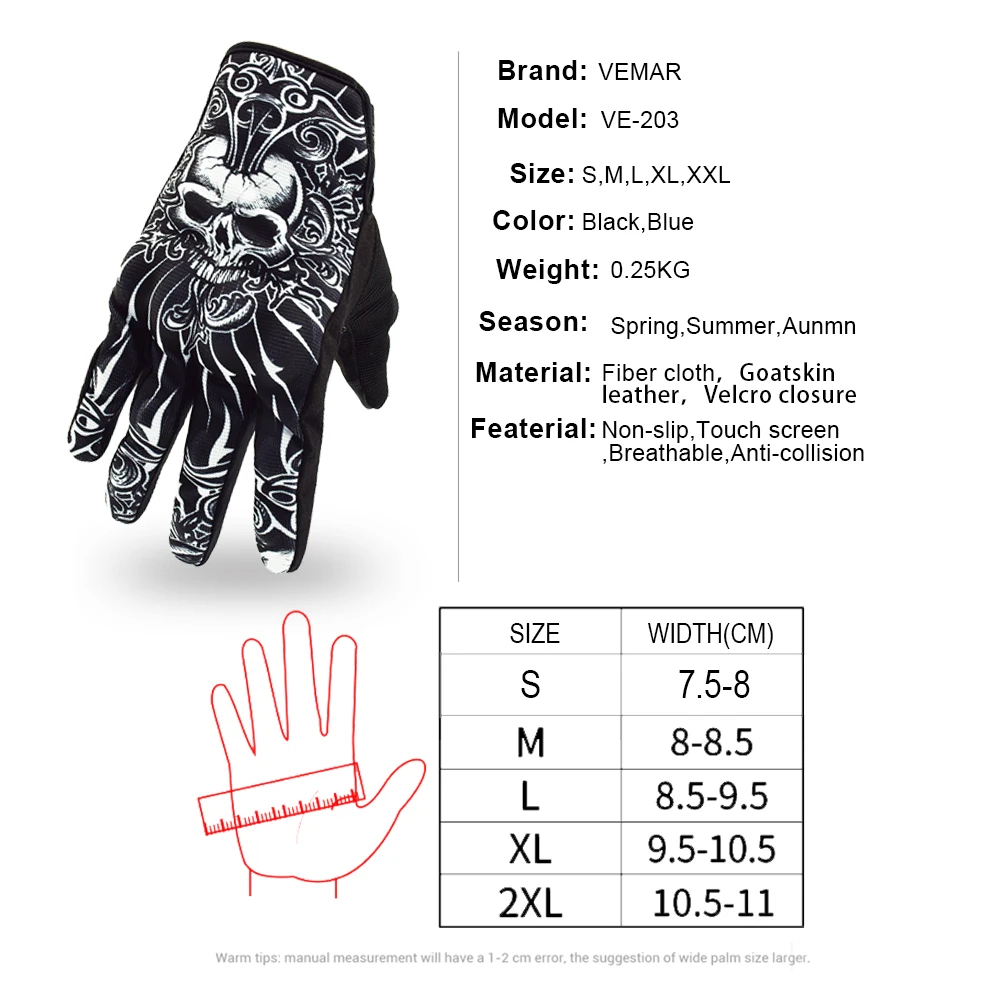 VEMAR Motorcycle Gloves Men Vintage Motorcycle Gloves Touch Screen Skull Motorbike Motocross Summer MTB Cycling Retro motorcycle gloves sports gloves cycling gloves