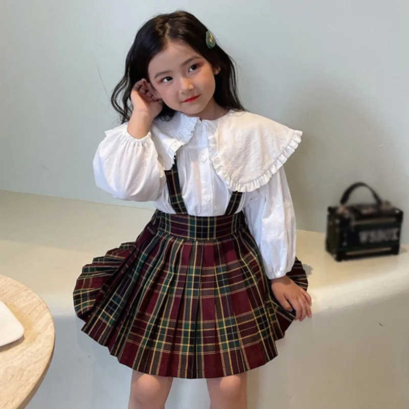 Autumn Girls Blouse Doll Collar Turn-down Shirt Fashion Children Tees Cotton Tops Long Sleeve Kid Clothing +plaid Overall skirt