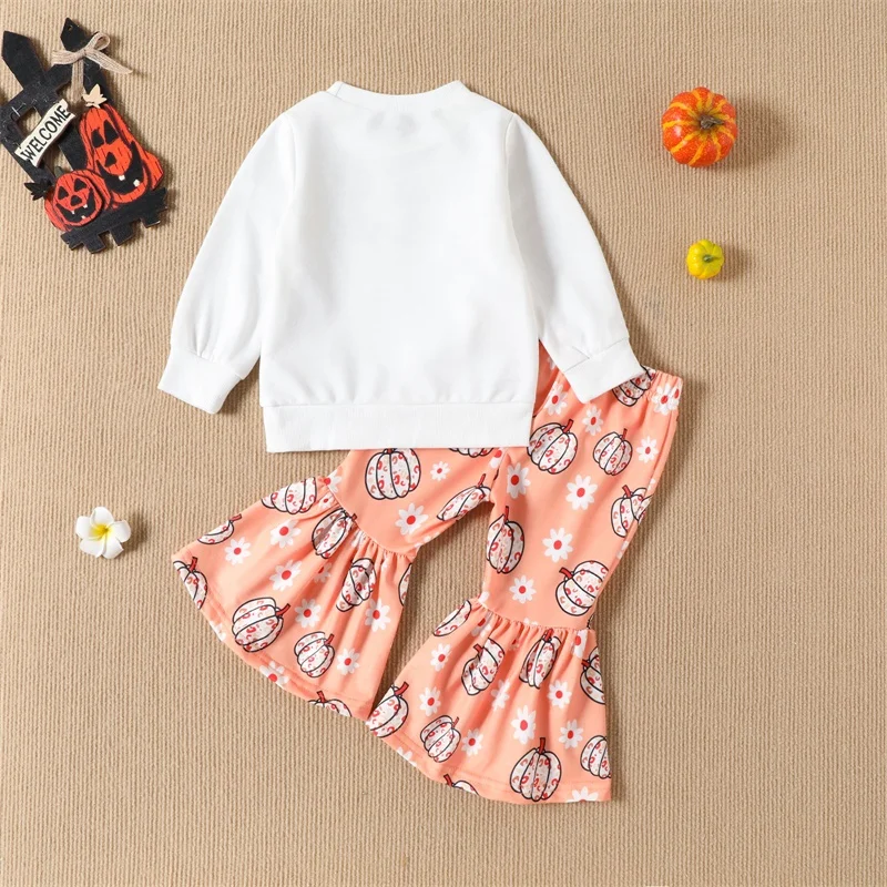 

Toddler Baby Clothing Girl Halloween Clothes Letter Print Sweatshirt Flower&Pumpkin Pattern Flare Pants Sets Cotton Outfit