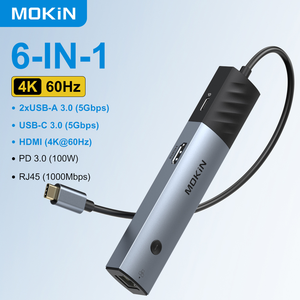 MOKiN 7-in-1 USB C Hub,Type C to 4K60Hz HDMI, 100W PD, USB-C 3.0, 2xUSB-A 3.0, RJ45,Docking station for MacBook Pro/Air M3 M2
