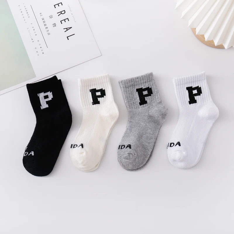 Children's socks Summer thin mesh cotton boys' mid length spring and autumn boys' mid size simple sports casual socks unisex spring summer cotton simple design couple street fashion ins hot casual sports letters pattern elastic top low tube socks