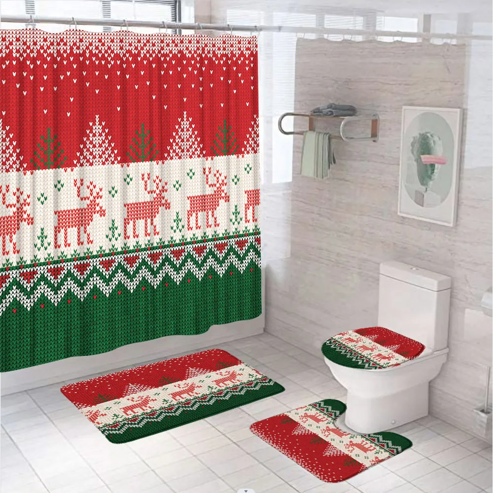 4Pcs Christmas Decor Shower Curtain Set Reindeer Deer Elk Bath Screen Bathroom Mat Non Slip U-Shaped Rug Carpet Lid Toilet Cover