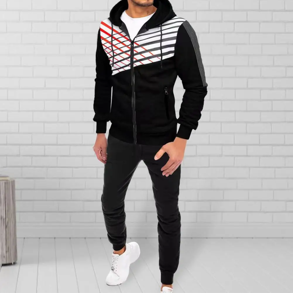 

Jacket Trousers Set Breathable Men Tracksuit Stylish Men's Hooded Tracksuit Set with Striped Color Matching for Comfortable