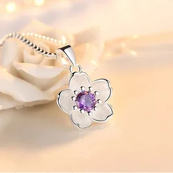Elegant 925 Sterling Silver Blossom Necklace - Luxurious Pink & Purple Floral Design - 60cm 24inches (PURPLE)