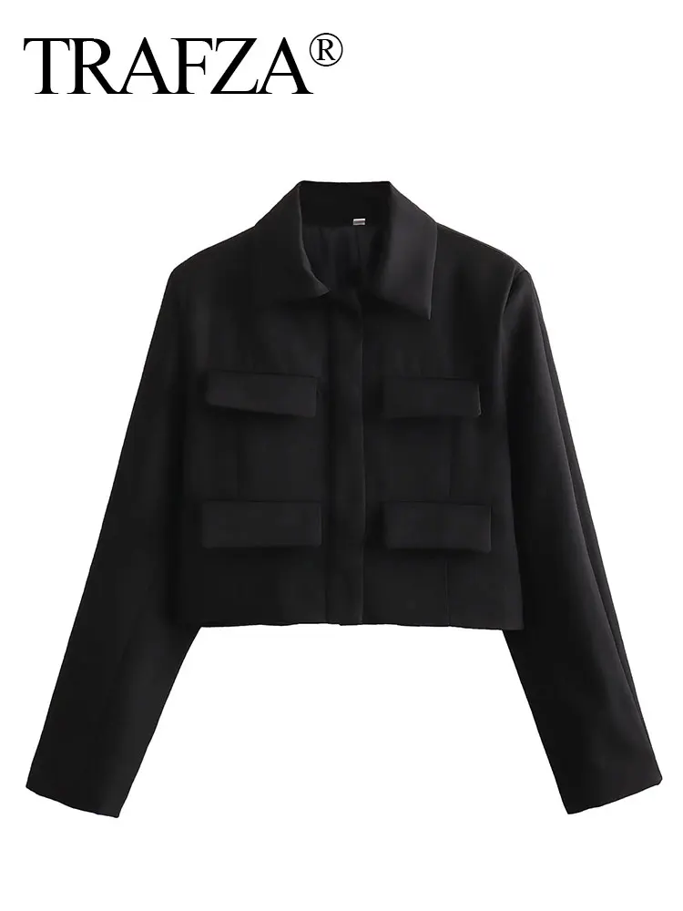 TRAFZA Spring Jacket For Women Slim Cropped Coat Elegant Solid Long Sleeve Jacket Front Flap Pocket Outerwear Fashion Streetwear 5