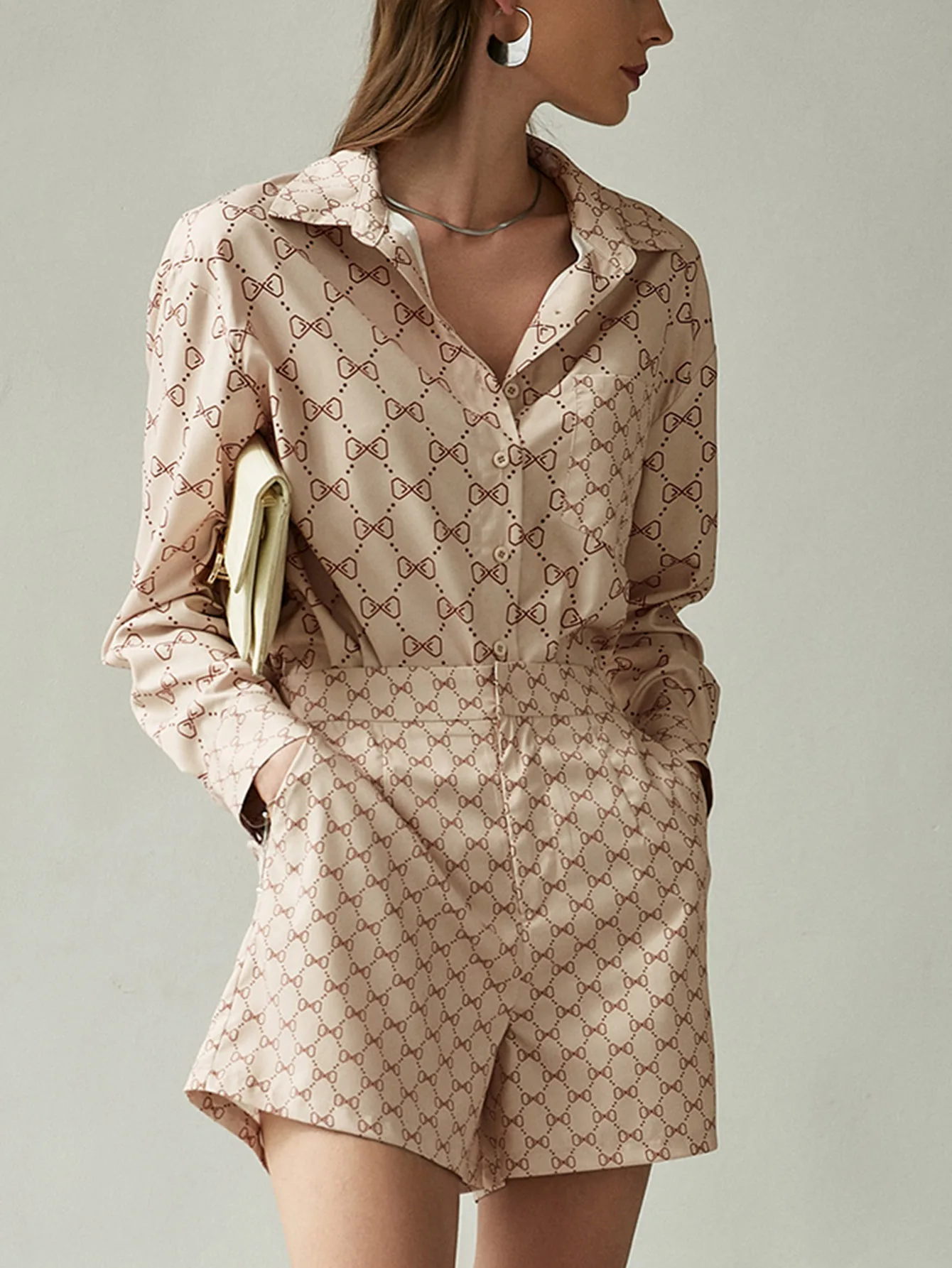 BerryGo Elegant short sets silk shirt for women Fashion long sleeve pocket print two piece set 2022 Summer casual work satin set