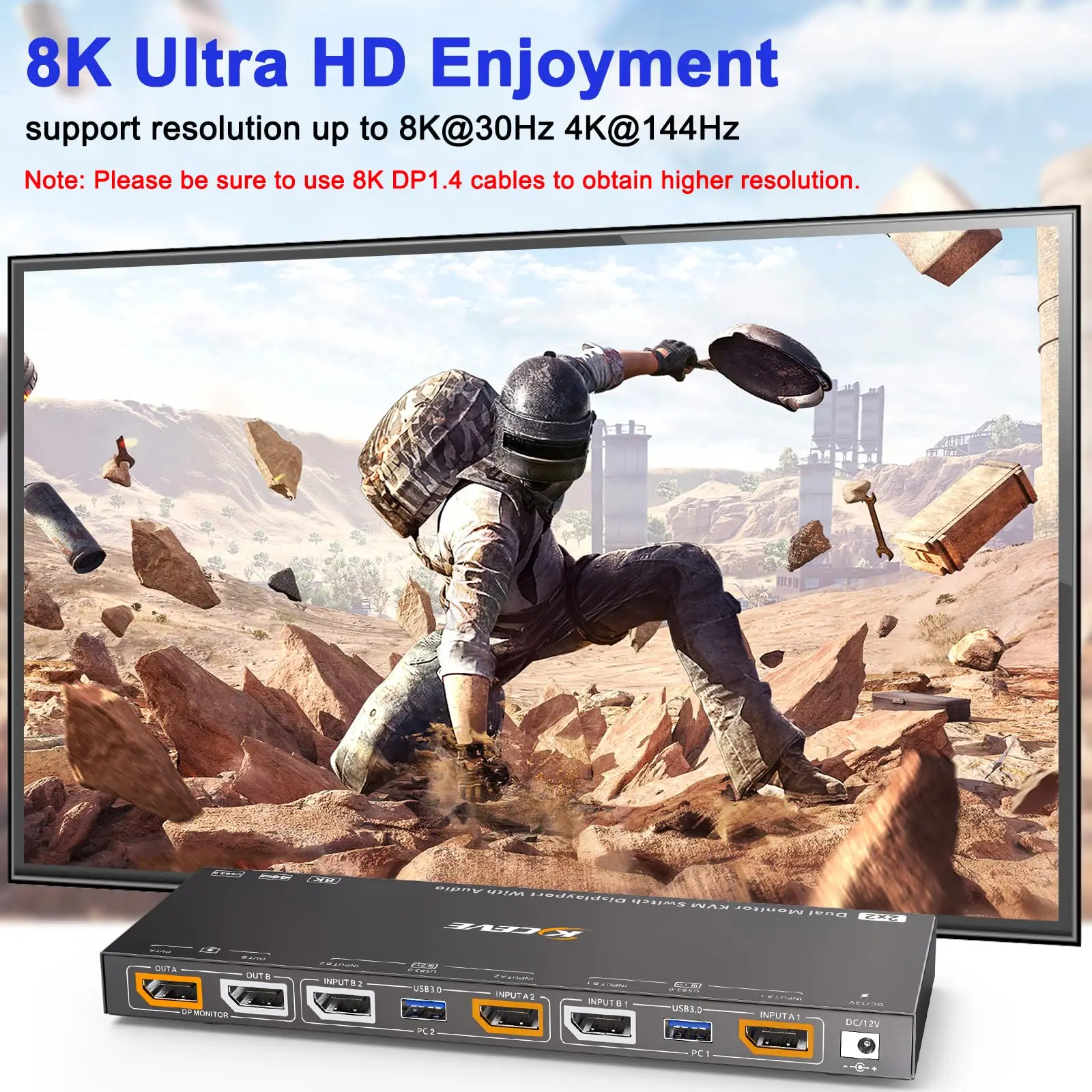 KCEVE 듀얼 모니터 KVM 스위치, 모니터 2 개, 컴퓨터 8K 4K, 음성 제어 디스플레이 포트 KVM 스위치, 오디오 및 USB 3.0 포트 4 개