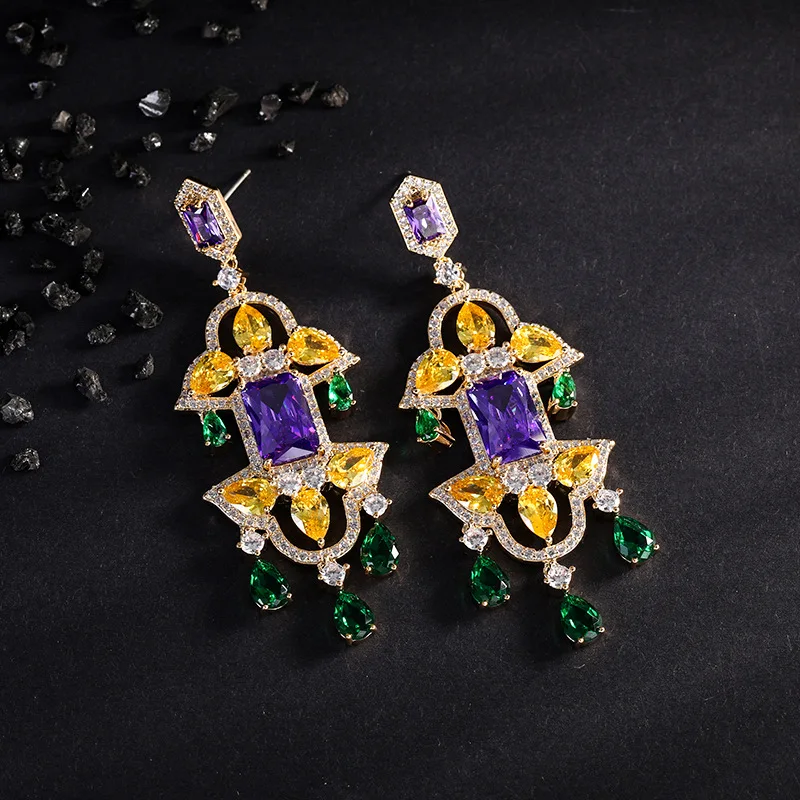 Fashion Wedding Party Statement Tassel Dangle Earrings 925 Silver Needle Cubic Zirconia Colorful Jewelry Gold Plated