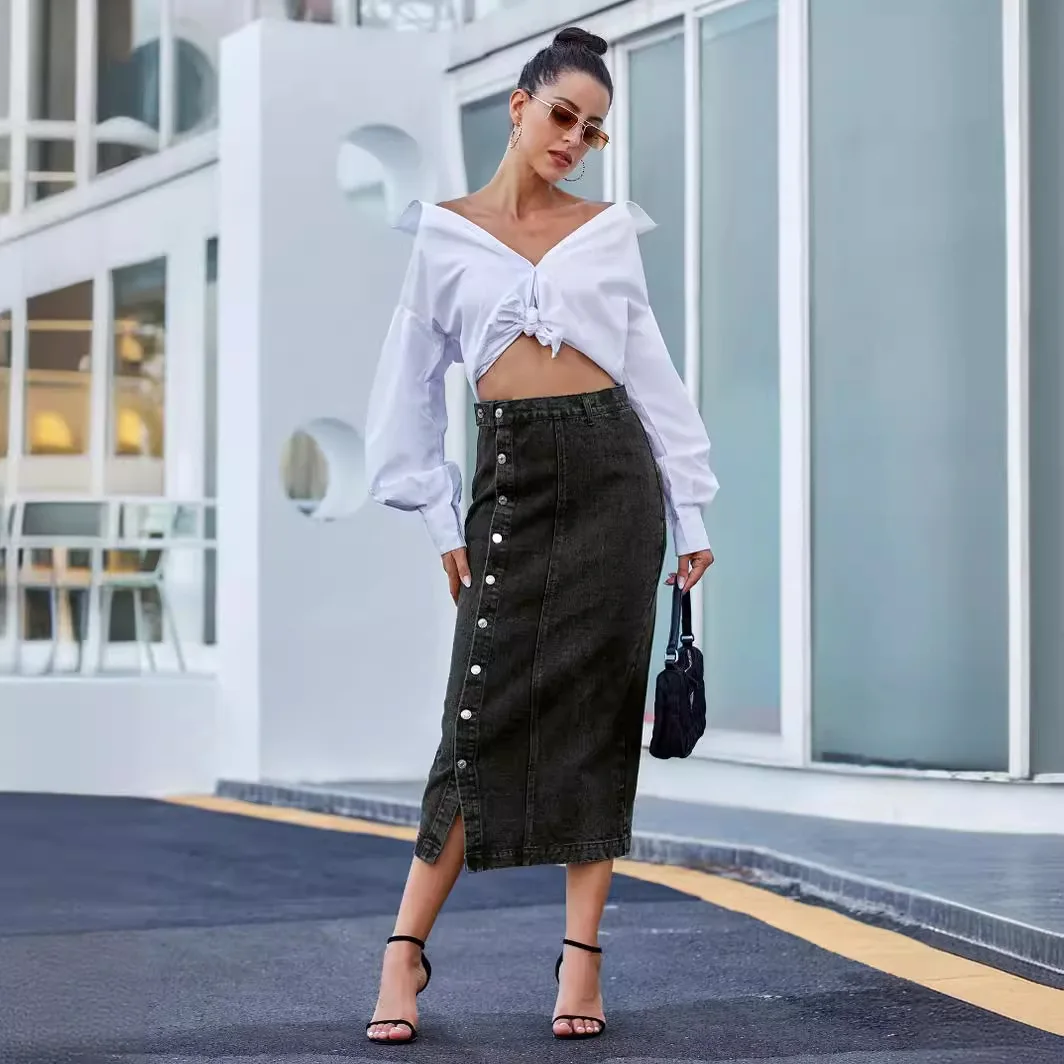 High-Waist Irregular Hem Button-Front Denim Skirt