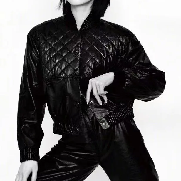 

Куртка из натуральной кожи для осени и зимы, новый модный дизайн в клетку, с застежкой на пуговицах