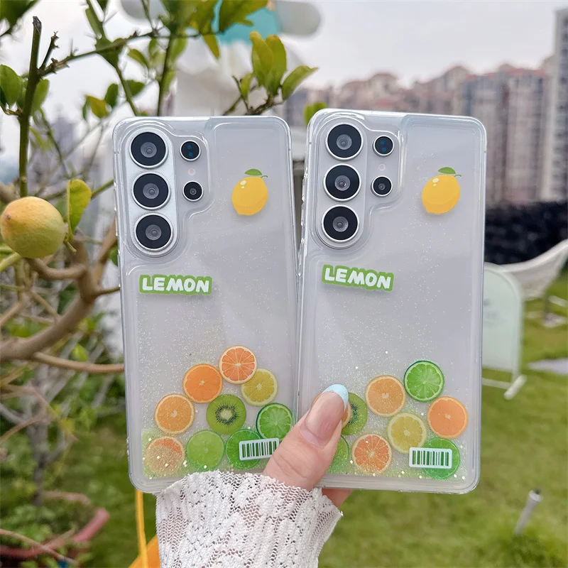 Glitter Quicksand Slider Lemon Case - Ultra Soft Silicone Dynamic Liquid Phone Shell