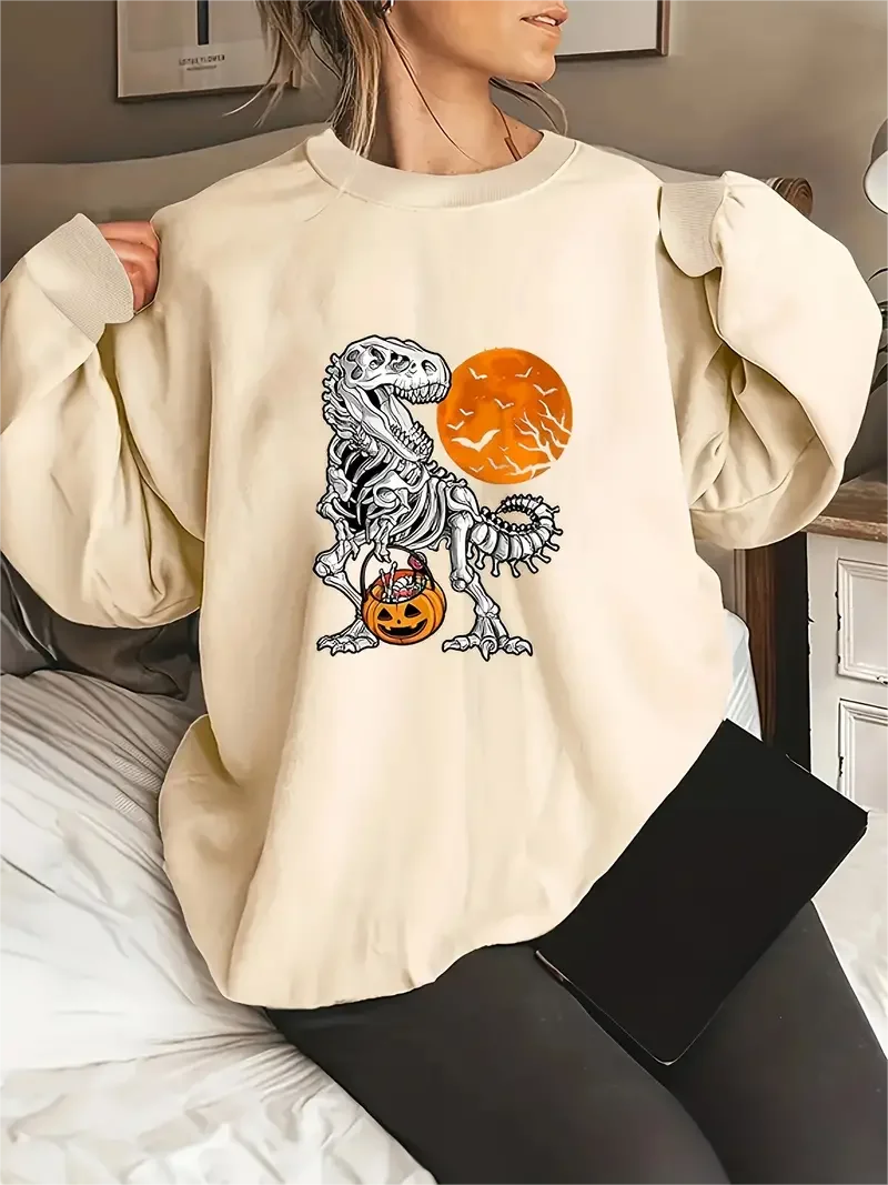 Women's Halloween Pumpkin Dinosaur Print Long Sleeve Round Neck Pullover Top, Plus Size Casual Sweatshirt