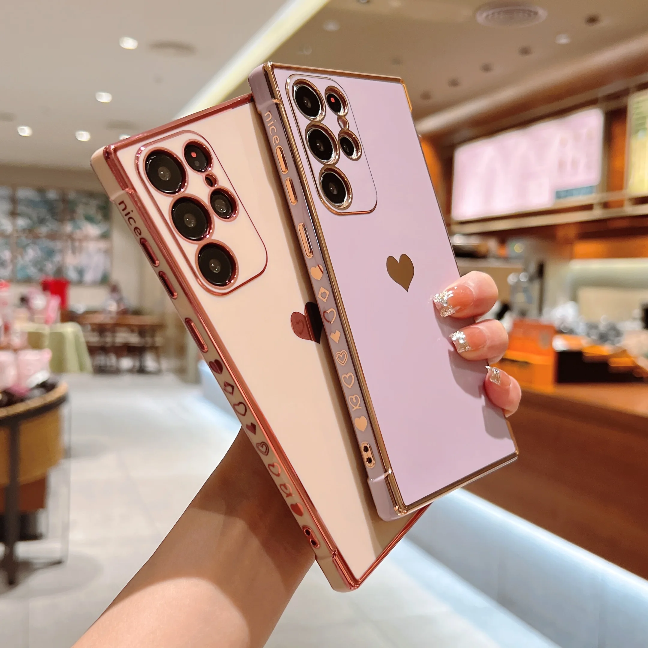 Elctroplatd Lov Hart Phon Cas For Samsung Galaxy S22 S21Ultra A53 A52 A12 A13 S20FE Cut Sid Pattrn Soft TPU_voghion.com