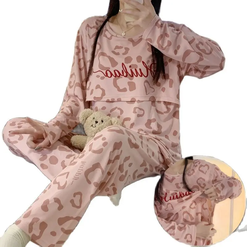 

2024 Spring Fashion Maternity Pajamas Suits for Nursing Long Sleeve Leopard Patterns Lactation Clothes Set Breastfeeding Twinset