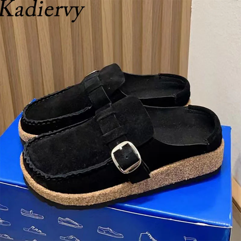 

New Slippers Women Round Toe Metal Buckle Mules Sewing Suede Leatehr Flat Slides Woman Thick Sole Slippers Men Size EU 35-45