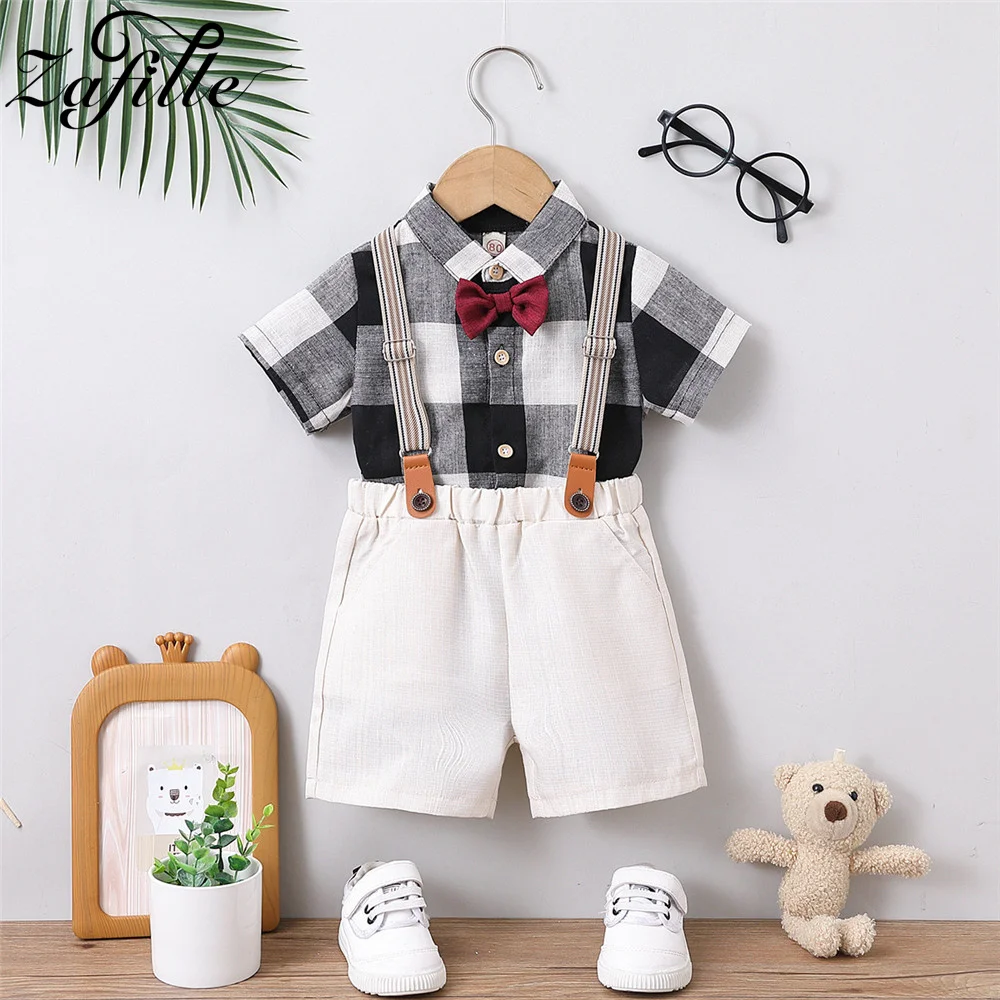 

ZAFILLE Party Birthday Costume For Babies Summer Plaid Tshirt+Solid Overalls Handsome Toddler Boys Clothes Set 0-2Y Infant Suits