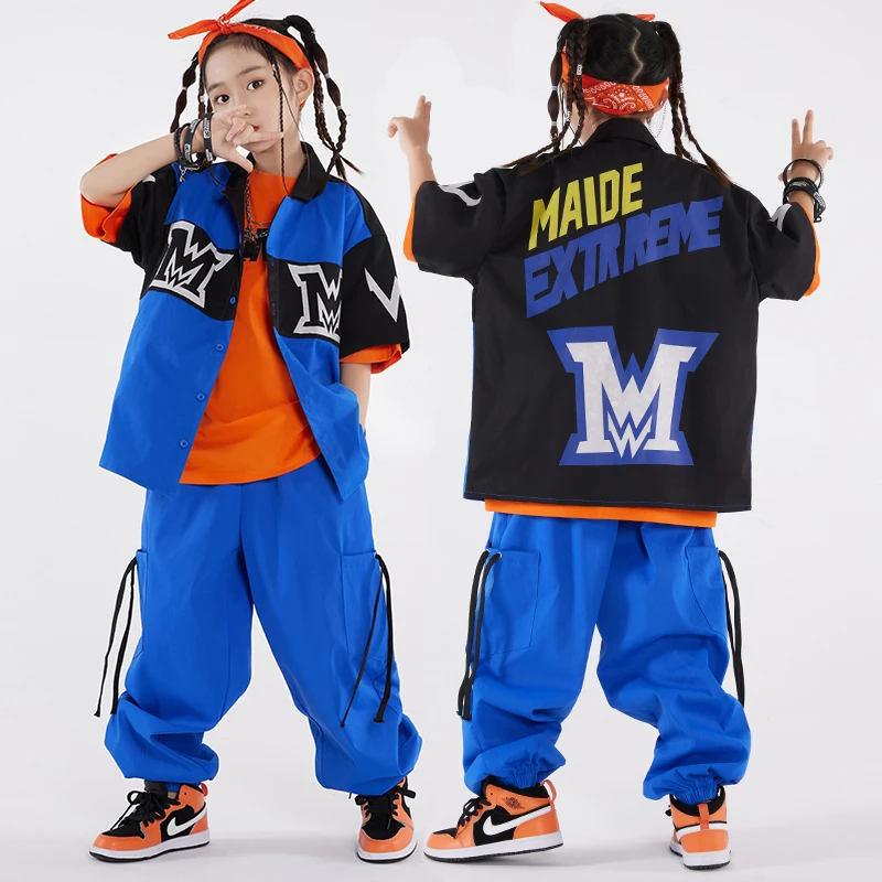 

Teenager Hip Hop Dance Costume Girls Blue Black Patchwork Shirt Coat Pants Kids Jazz Performance Wear Hiphop Stage Clothes