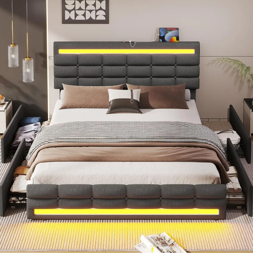 LED Bed Frame w 4 Drawers and 2 USB Charging Station Upholstered Platform Queen Size Bed Frame w LED Lights Headboard Footboard bed frame