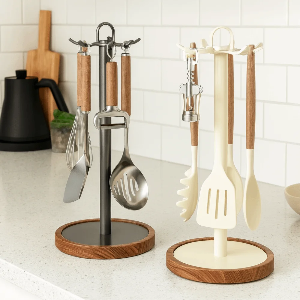 8 Hooks Rotating Spatula Rack Movable Space Saving Cooking Utensils Holder Stable Base Anti Slip Spoon Hanging Rack Countertop