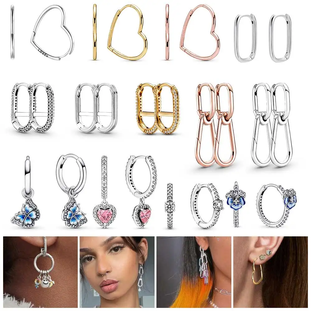 

Real Sterling Silver 925 Loved Link Ear Hoops Earrings for Women S925 Silver Earing for Charms Original Me Colletion Charm