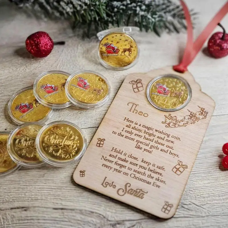 

Merry Christmas Golden Wishing Coin With Wooden Card Xmas Tree Pendant Ornament Coin Gift Cards For New Year Christmas Decor