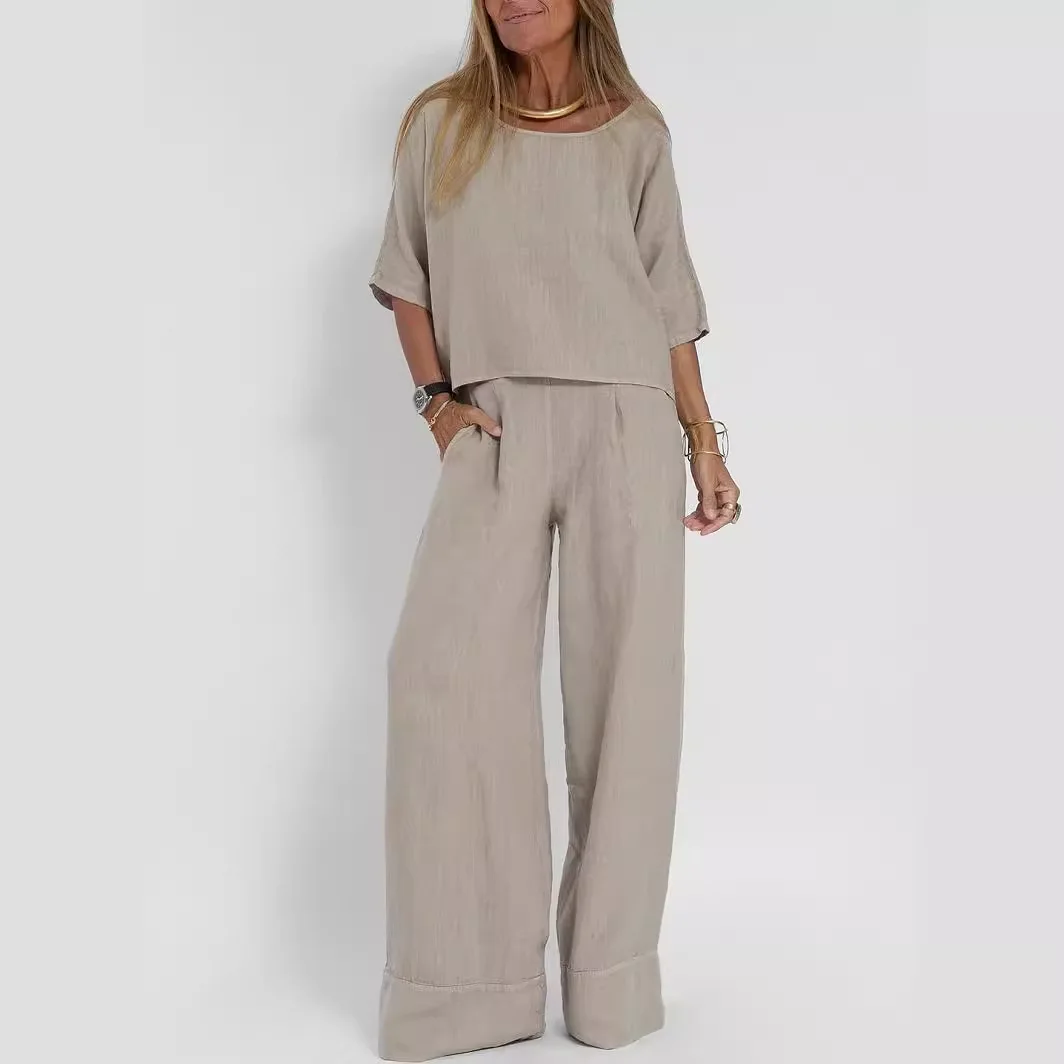 

Three Quanter Women T-shirts And High Wasit Wide Leg Pant Sets Cotton Blend Summer Tees + Long Trouser Loose Casual Women Outfit